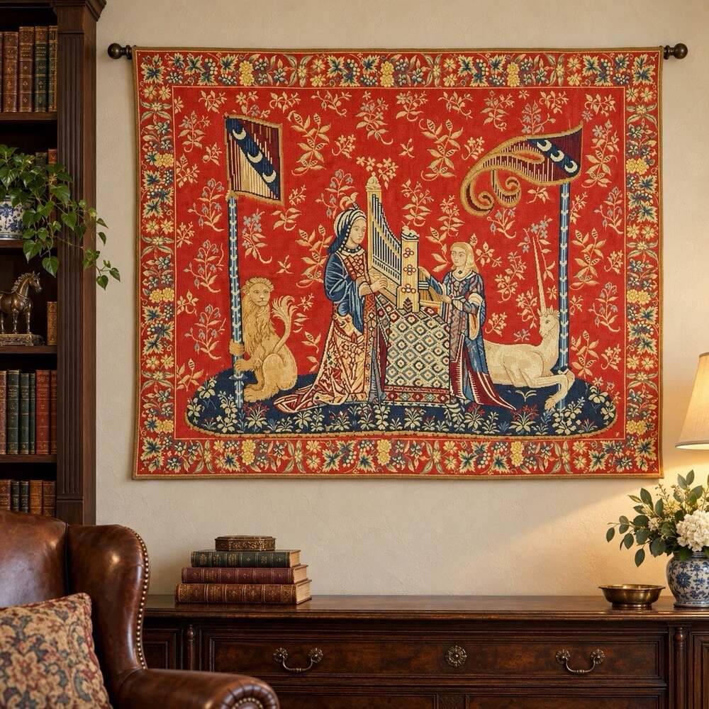 French Tapestry La Dame a l’Orgue Lady Unicorn Wall Hanging 44x38 Made France